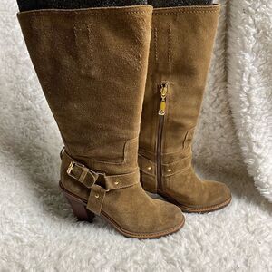 Talbots Brown Leather Suede mid calf Boots. Side zipper gold tone accent SZ 9.5